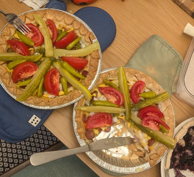 two baked chicago hot dog pies