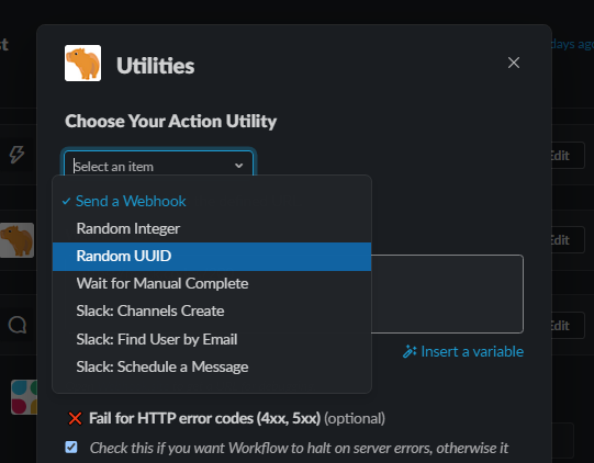 Workflow Buddy MVP options menu with the first few available actions: Send a Webhook, Random Integer, Random UUID, Wait step, and more.